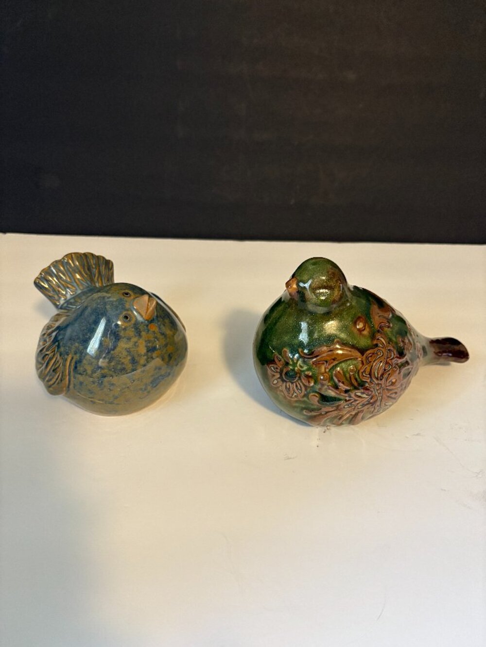 2 Chubby Green Ceramic Birds Figurines